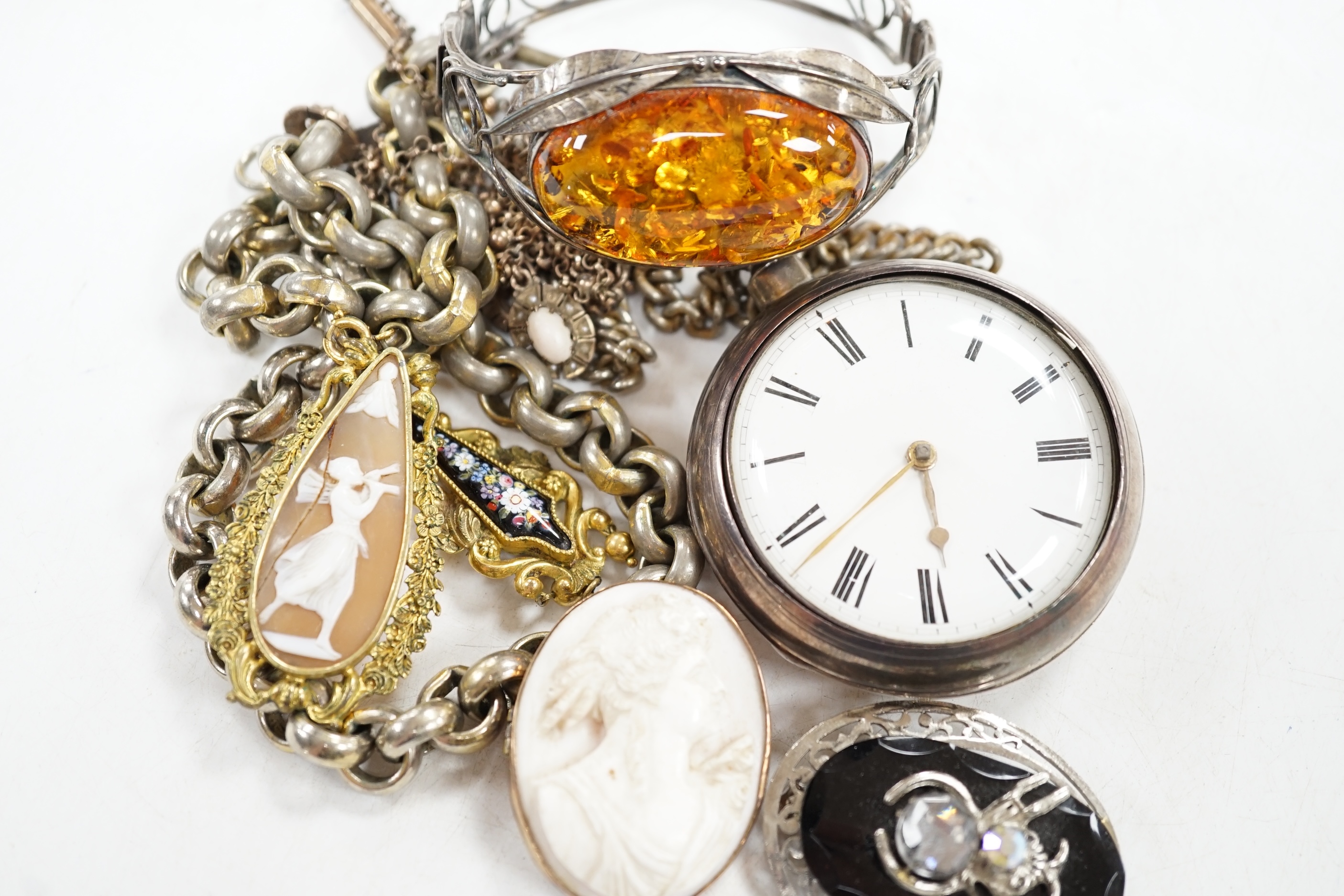 A Victorian silver pair cased pocket watch and albert, and sundry costume jewellery. Condition - mostly fair